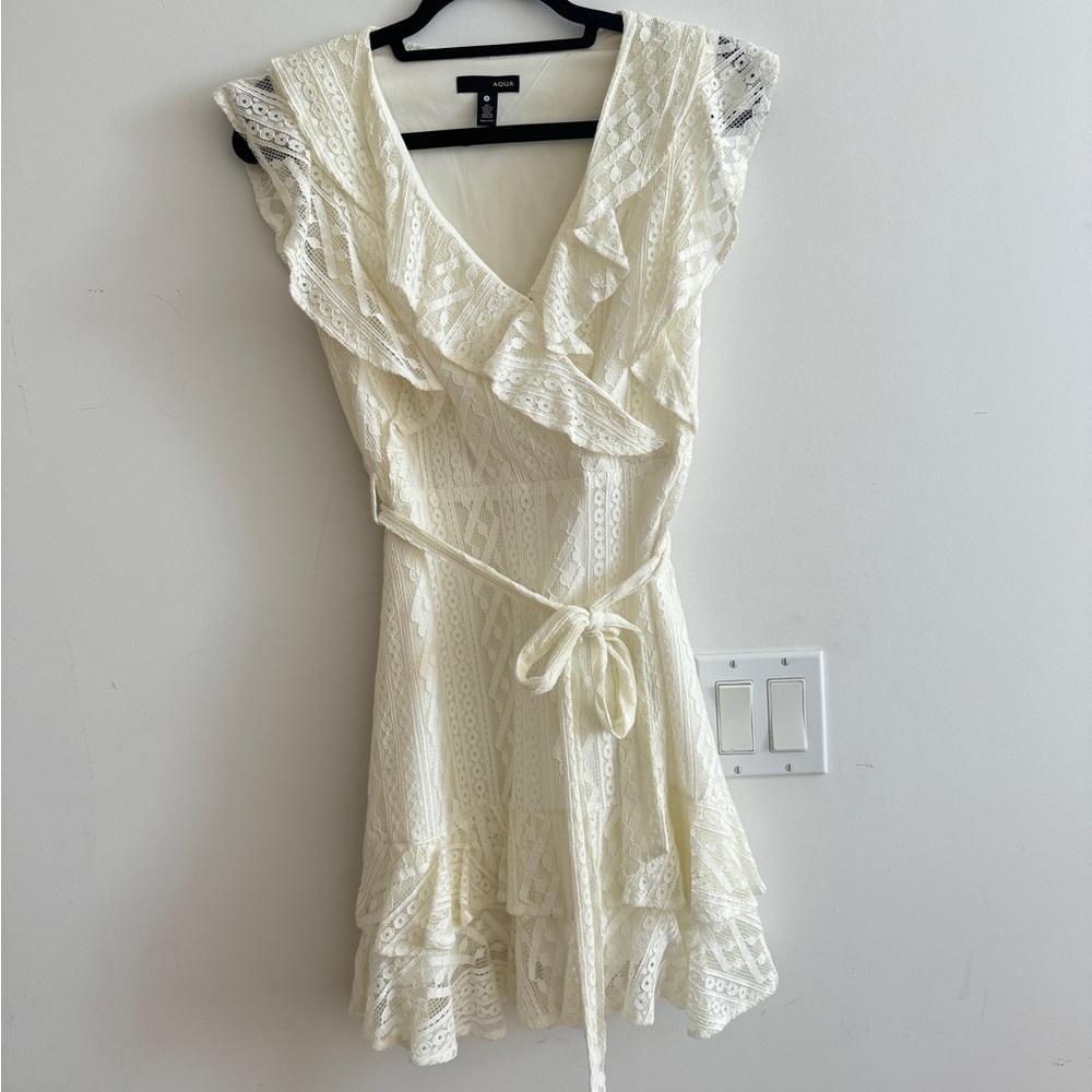 Aqua white ruffle wrap dress